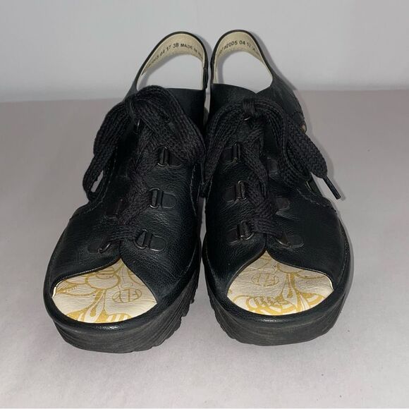 Fly London Ylfa Lace Up Wedge Black Platform Sandals Size 38 - Picture 2 of 13